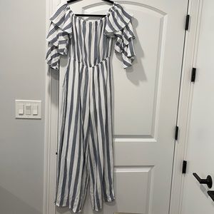 White and blue striped off the shoulder jumpsuit
